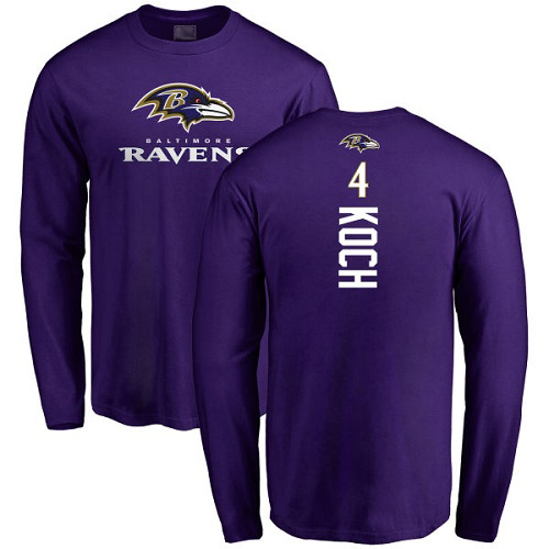Men Baltimore Ravens Purple Sam Koch Backer NFL Football #4 Long Sleeve T Shirt